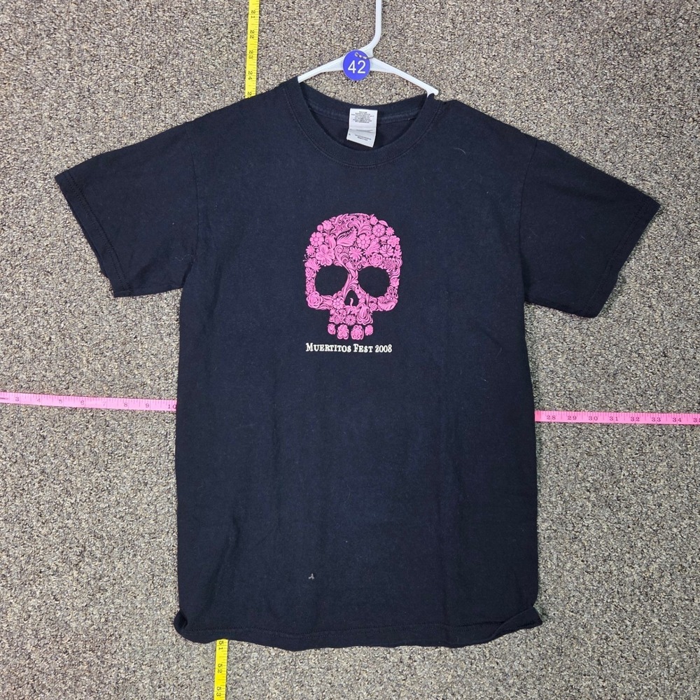 Gildan T-Shirt Women S Black Muertitos Fest 2008 Pink Floral Skull Graphic Tee